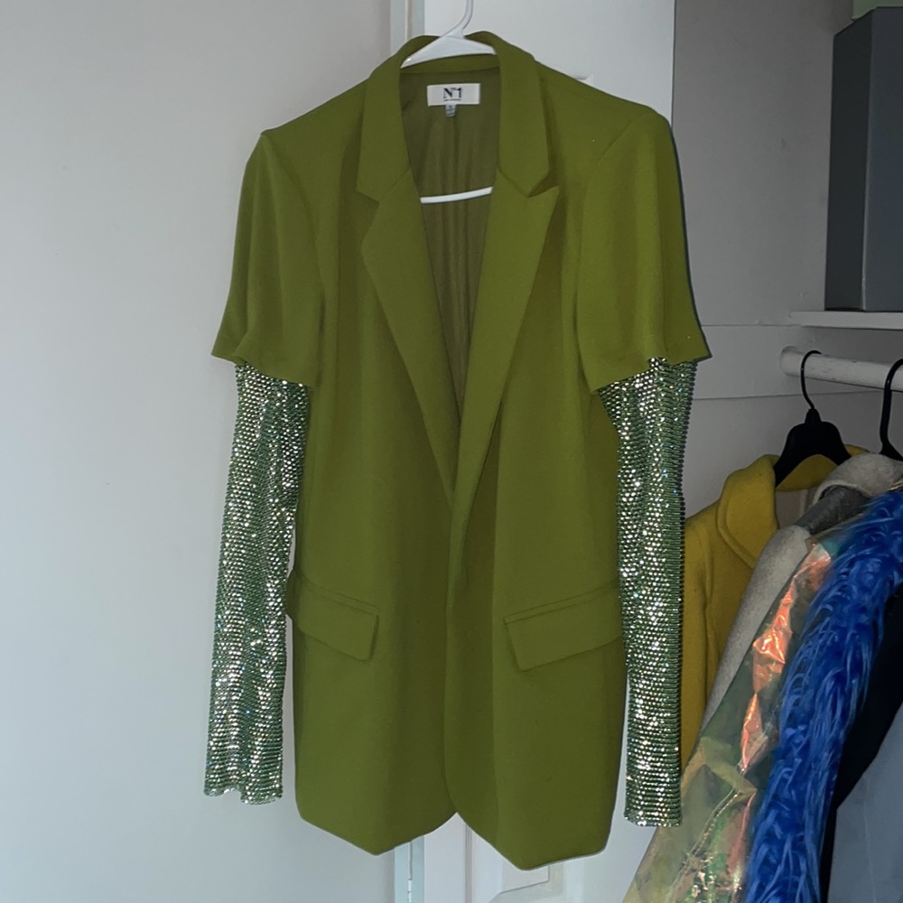 Green Rhinestone Net Sleeve Blazer 💚